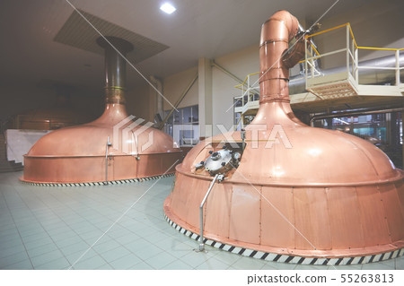 Equipment for preparation of beer. Lines of cooper tanks in brewery. Manufacturable process of 55263813