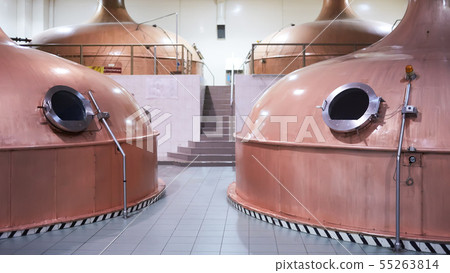 Equipment for preparation of beer. Lines of cooper tanks in brewery. Manufacturable process of 55263814