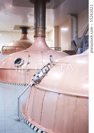 Equipment for preparation of beer. Lines of cooper tanks in brewery. Manufacturable process of 55263821