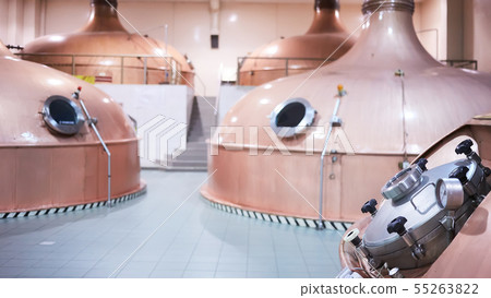 Equipment for preparation of beer. Lines of cooper tanks in brewery. Manufacturable process of 55263822