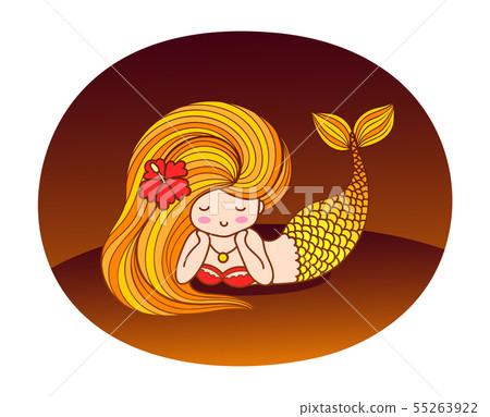 Dreamy lying cartoon mermaid with golden hair. 55263922