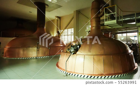 Equipment for preparation of beer. Lines of cooper tanks in brewery. Manufacturable process of 55263991