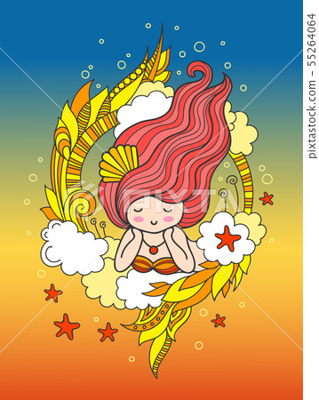 Dreamy lying mermaid with wavy red hair. Dreamy lying mermaid with wavy red hair. 55264064