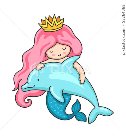 Cute mermaid with wavy long pink hair and dolphin. 55264369