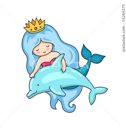 Mermaid with wavy long blue hair and dolphin. 55264375