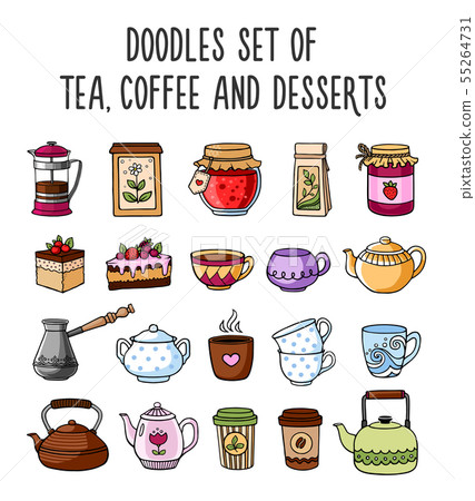 Set of colored sketches of teapots, cups, tea. Set of colored sketches of teapots, cups, tea. 55264731
