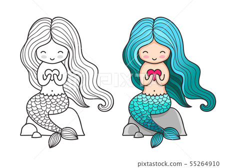 Siren with heart, sitting on a rock. 55264910