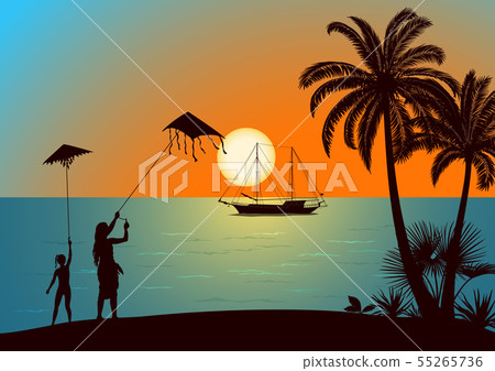People with Kites on Tropical Beach 55265736