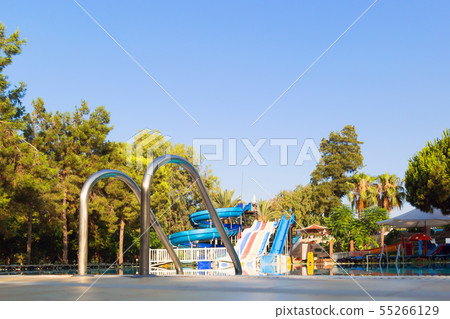 Railing stairs to the pool on the background of wa 55266129
