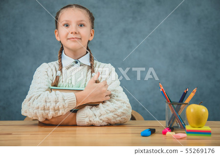 Astonished, nice and pretty girl is holding colorful books in her hands. Girl with braids is ready 55269176