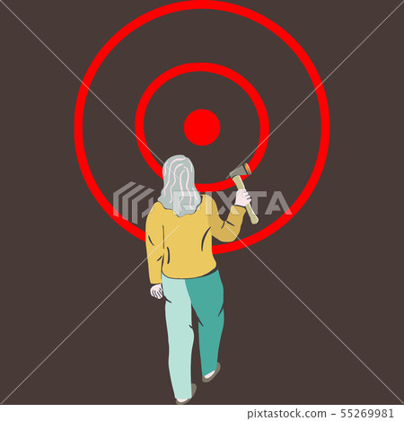 Woman throwing hatchet in wood target. Woman throwing hatchet in wood target. 55269981