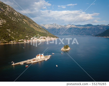 Aerial photo of St. George and monastery on the islands near Perast town in Kotor bay 55270265