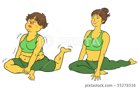 Instructor women and chubby women set to do yoga stretching 55278316