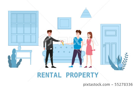 Real estate concept. Sale or rent new home service. Modern family characters to buy new house or big 55278336