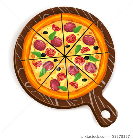 Pizza slice triangles with different ingredients tomato, cheese, olive, sausage, basil. Traditional 55278337