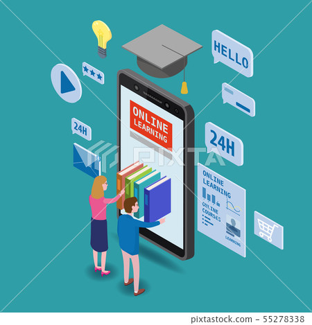 Online education isometric icons composition with little women and man taking books from smartphone Online education isometric icons composition with little women and man taking books from smartphone 55278338
