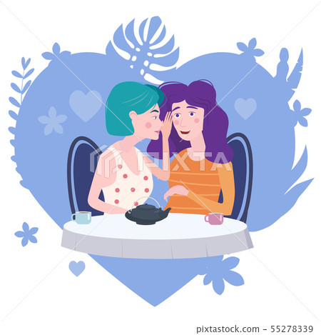 Two girls gossiping surprised, says rumors to other female character. One excited girl whispers 55278339