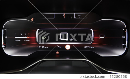 Car dashboard panel with speedometer, tachometer, odometer, fuel gauge and gear position indicator. 55280368