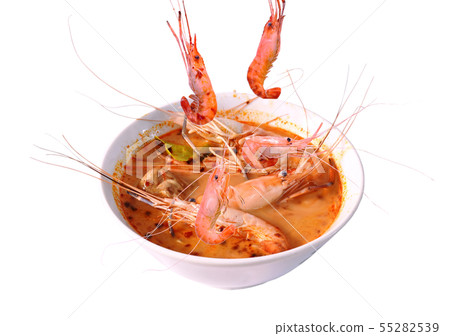 boiled shrimp falling in Thai spicy tom yum soup  55282539