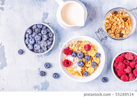 Healthy breakfast, muesli, cereal with fruit. 55289514