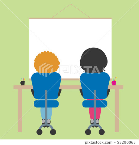 Two schoolchildren sitting on chair in school Two schoolchildren sitting on chair in school 55290063