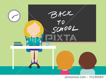 Young woman - teacher sitting on chair behind Young woman - teacher sitting on chair behind 55290064