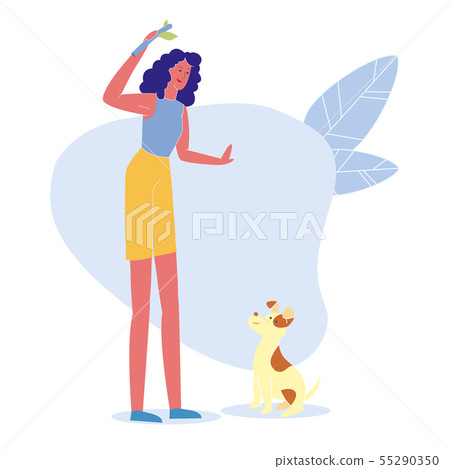 Woman Playing with Puppy Flat Vector Character 55290350