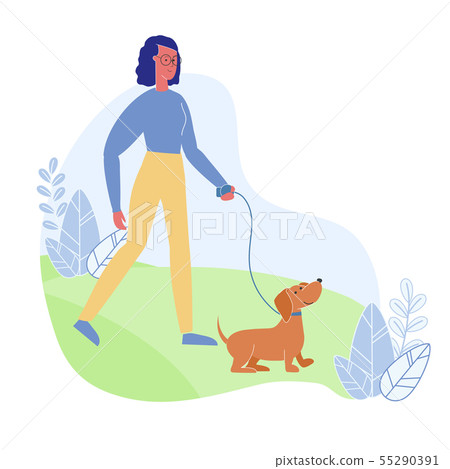 Woman Walking with Dog Flat Vector Illustration 55290391