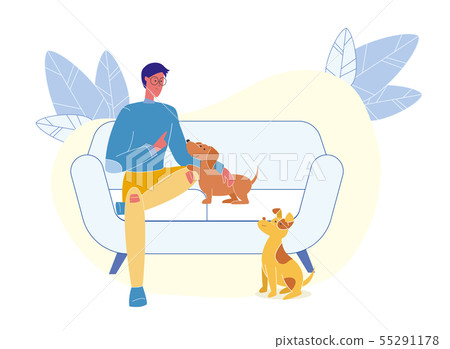 Young Man with Puppies Flat Vector Illustration 55291178