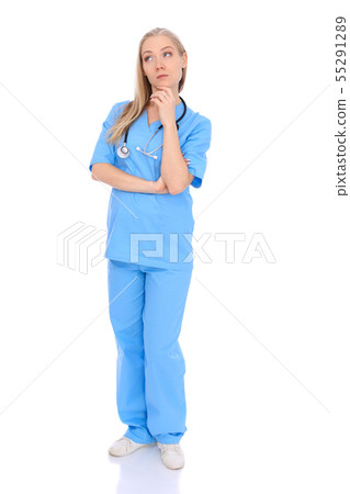 Doctor woman or nurse isolated over white background. Cheerful smiling medical staff representative Doctor woman or nurse isolated over white background. Cheerful smiling medical staff representative 55291289