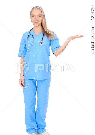 Doctor woman or nurse isolated over white background. Cheerful smiling medical staff representative Doctor woman or nurse isolated over white background. Cheerful smiling medical staff representative 55291293