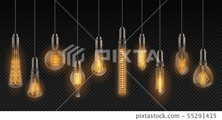 Realistic light bulbs. Vintage lamps hanging on wires, decoration glowing retro objects. Vector 55291415