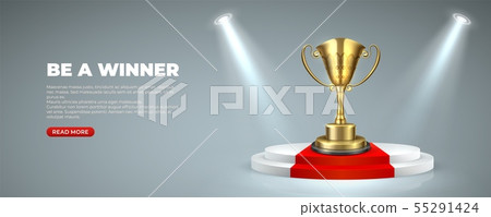 Business or sport award on Illuminated podium. Cup prize trophy on round stages with red carpet Business or sport award on Illuminated podium. Cup prize trophy on round stages with red carpet 55291424