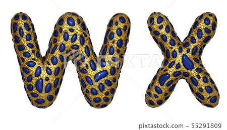 Letter set W, X made of realistic 3d render golden shining metallic. 55291809