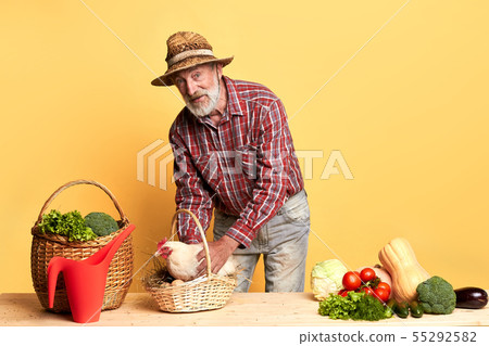Wooden table with lots of fresh raw vegetables, basket with eggs and farmer holding hen 55292582