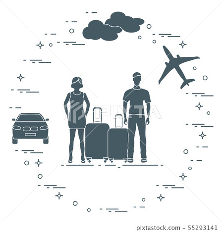 Man and woman with suitcases, plane, cloud, car Man and woman with suitcases, plane, cloud, car 55293141
