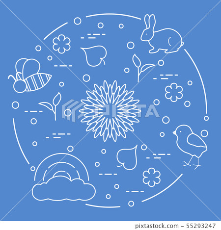 Rainbow, chicken, rabbit, bee Spring theme. 55293247