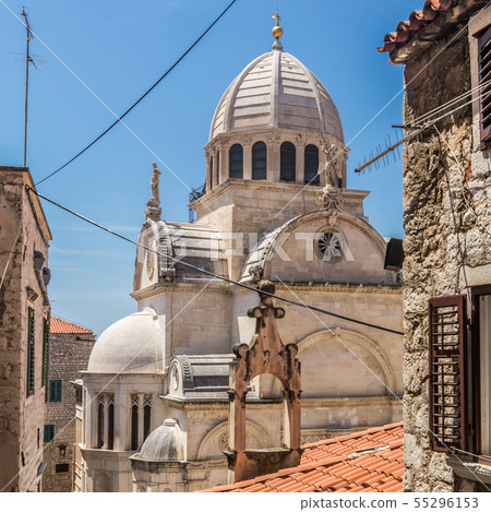 Croatia, city of Sibenik, panoramic view of the old town center and cathedral of St James, most Croatia, city of Sibenik, panoramic view of the old town center and cathedral of St James, most 55296153