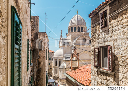 Croatia, city of Sibenik, panoramic view of the old town center and cathedral of St James, most 55296154