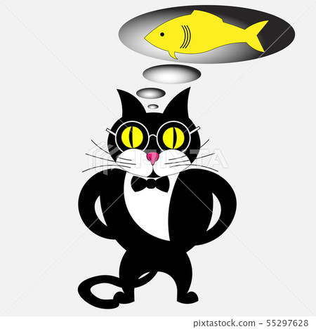 black cat with glasses dreams of a fish design... - Stock Illustration  [55297628] - PIXTA