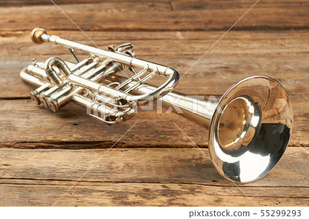 Rusty trumpet on old wooden surface. 55299293