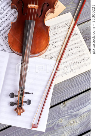 Violin and musical notes, top view. Violin and musical notes, top view. 55300223