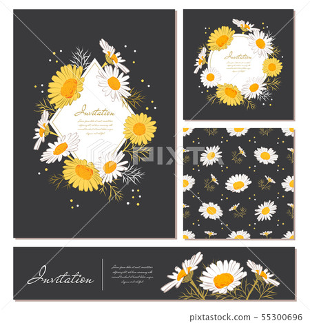 Flowers cards set Chamomile background Daisy wreath. Elegant floral cards with text space. Flowers 55300696
