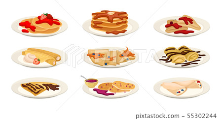Set of pancakes with different fillings on the plate. Vector illustration on white background. 55302244