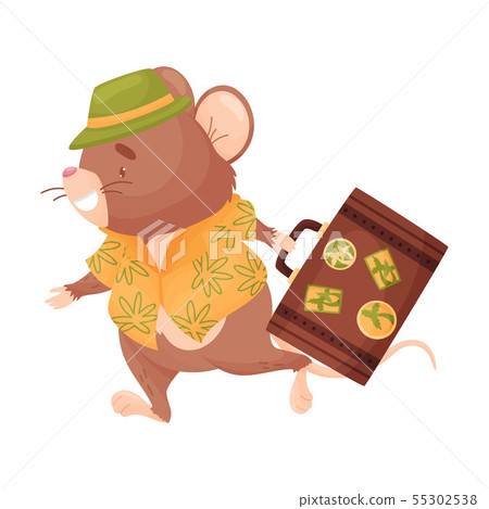 Cartoon mouse with a suitcase. Vector illustration on white background. 55302538