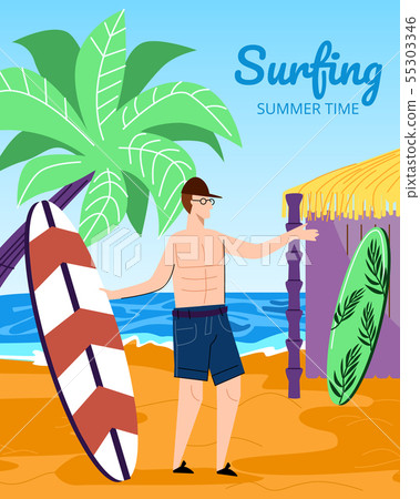 Young Man Surfer Holding Surf Board on Sandy Beach 55303346