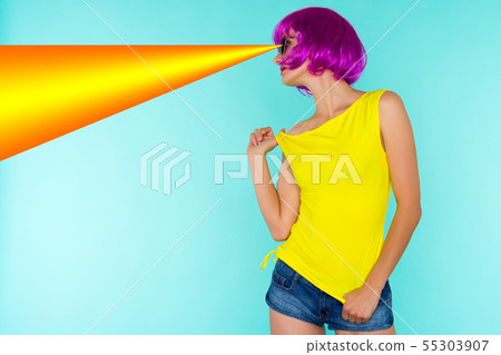 Portrait of young transgender woman in pink wig 55303907