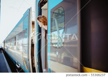 businessman with luggage traveling by speed train businessman with luggage traveling by speed train 55306237