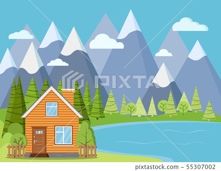 Spring or summer lake landscape scene wooden rural farm house with chimney. Spring or summer lake landscape scene wooden rural farm house with chimney. 55307002