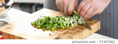Male Hands Chopping Salad Scallion Ingredient 55307962